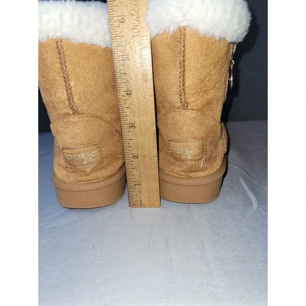 bebe Girls Ankle Bootie Boots Faux Fur Trim Lined Side Zip Brown/White 1